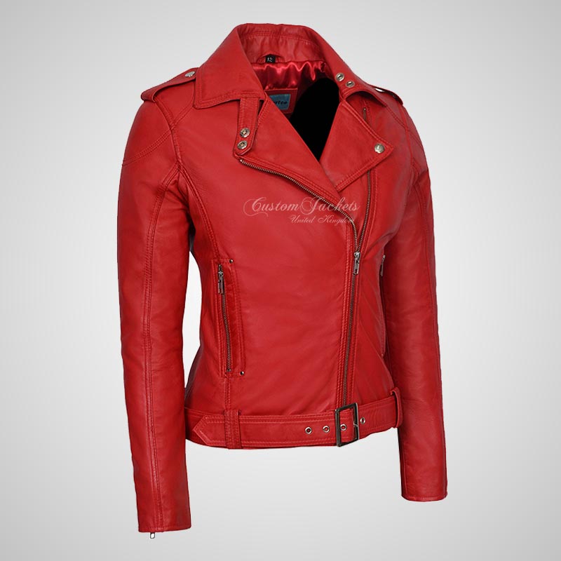 BRIELLE Womens Soft Leather Cross Zip Biker Jacket