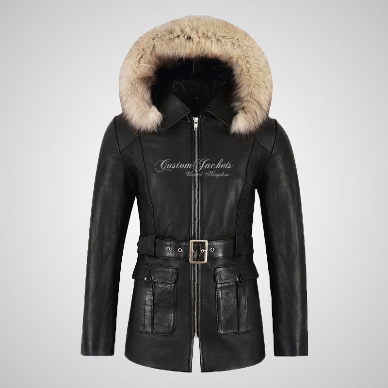 BARBORA Ladies Fur Hooded Leather Parka Jacket Black