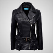 MOLLY Women Belted Biker Leather Jacket Lambskin Leather