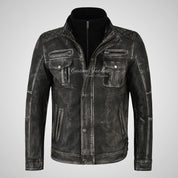 PHAN-TOM Mens Detachable Double Collar Leather Biker Jacket