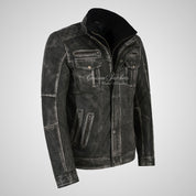 PHAN-TOM Mens Detachable Double Collar Leather Biker Jacket