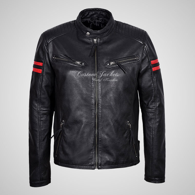 TITAN Men's Black Biker Leather Jacket with Red Stripes