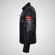 TITAN Men's Black Biker Leather Jacket with Red Stripes