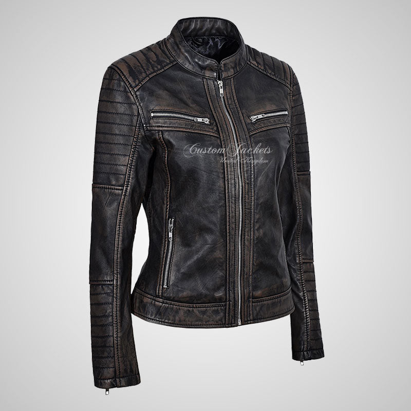 SERA Women Vintage Leather Biker Jacket Soft Real Leather