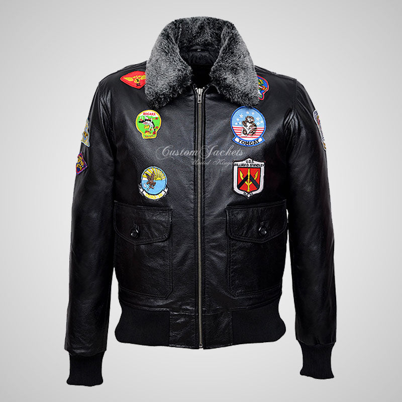 TOP GUN Men's Fur Collared Leather Bomber Jacket With Badges Black