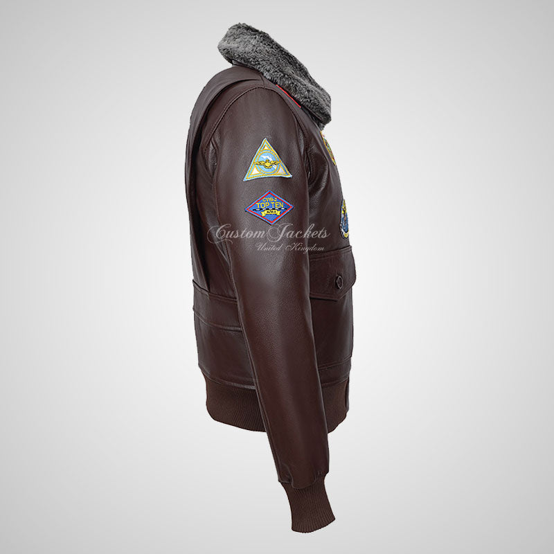 TOP GUN Men's Fur Collared Leather Bomber Jacket With Badges Brown ...