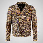 MARLON BRANDO Men's Leopard Print Leather Biker Jacket
