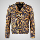 MARLON BRANDO Men's Leopard Print Leather Biker Jacket