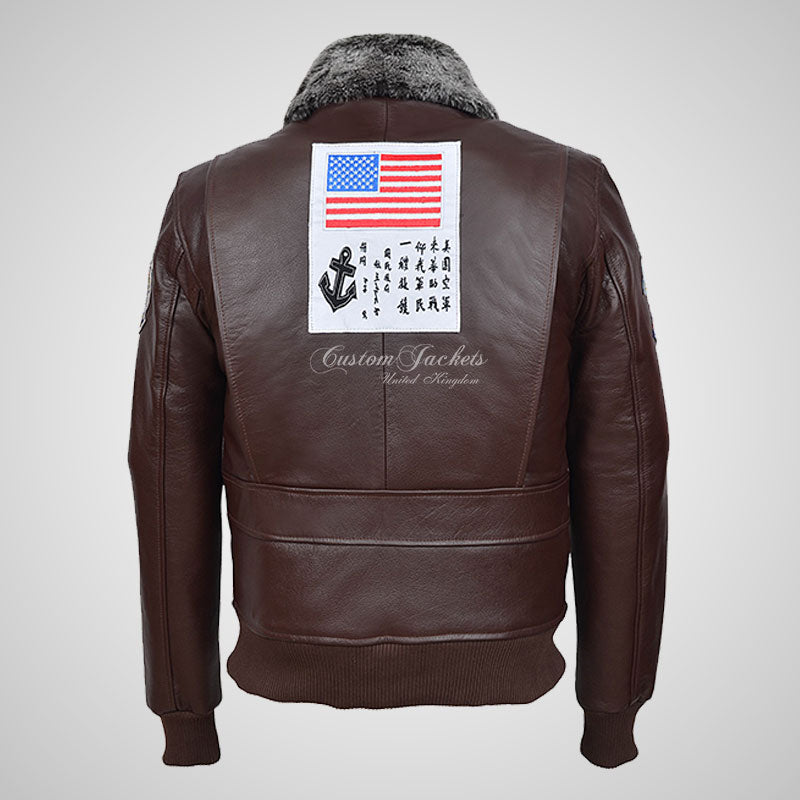 TOP GUN Men's Fur Collared Leather Bomber Jacket With Badges Brown