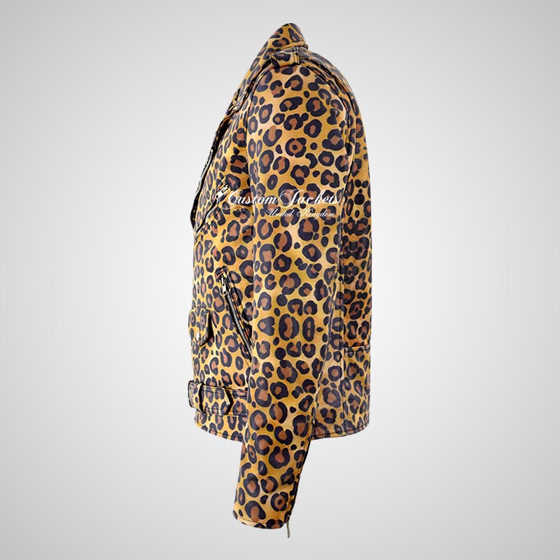 MARLON BRANDO Men's Leopard Print Leather Biker Jacket