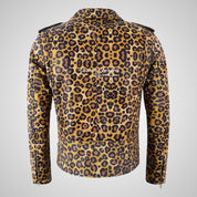 MARLON BRANDO Men's Leopard Print Leather Biker Jacket