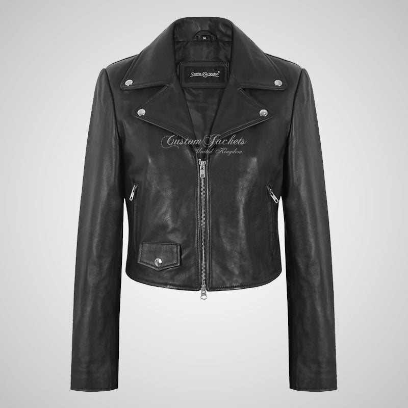 IOANA Ladies Black Leather Biker Jacket Short Fitted