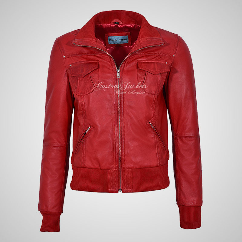 CORAL Ladies Fitted Bomber Leather Jacket Soft Lambskin Blouson