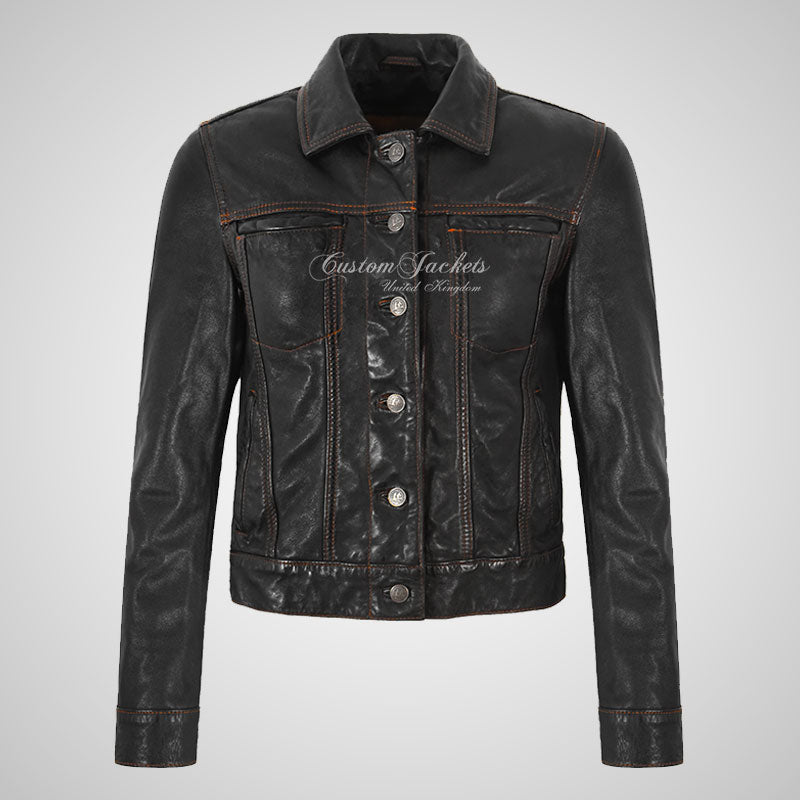 THIRSK Women Leather Denim Jacket Shirt Style Jacket