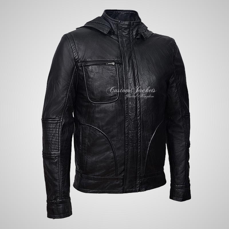 GHOST PROTOCOL Black Wrinkle Leather Hooded Blouson Jacket