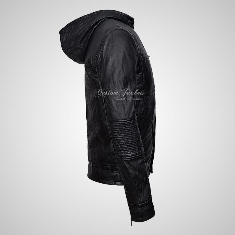 GHOST PROTOCOL Black Wrinkle Leather Hooded Blouson Jacket