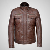 PHAN-TOM Mens Detachable Double Collar Leather Biker Jacket