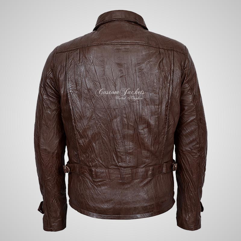 SKYFALL 007 Style Wrinkled Leather Jacket Brown For Men's