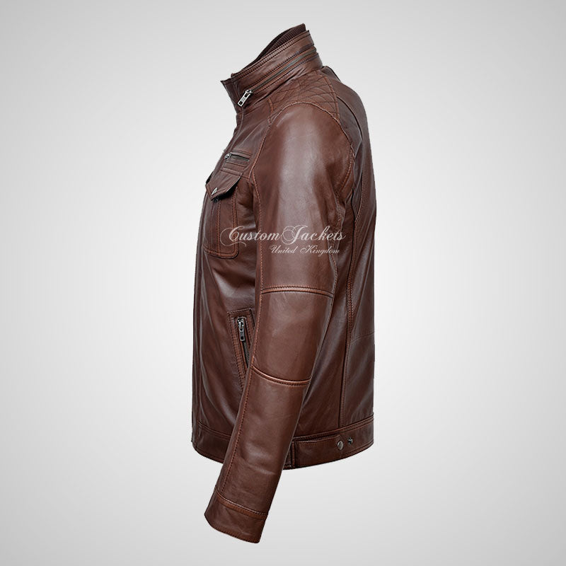 PHAN-TOM Mens Detachable Double Collar Leather Biker Jacket
