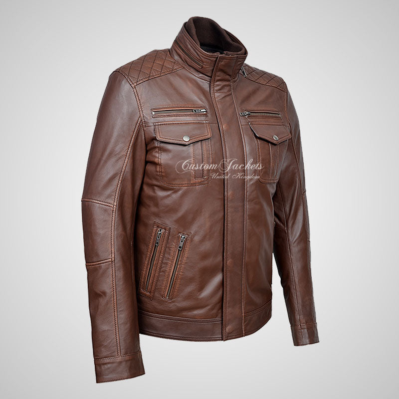 PHAN-TOM Mens Detachable Double Collar Leather Biker Jacket