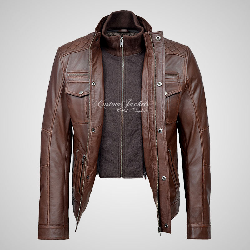 PHAN-TOM Mens Detachable Double Collar Leather Biker Jacket