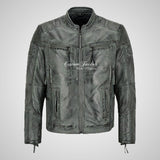 Maxim Mens Vintage Biker Leather Jacket Grey Waxed