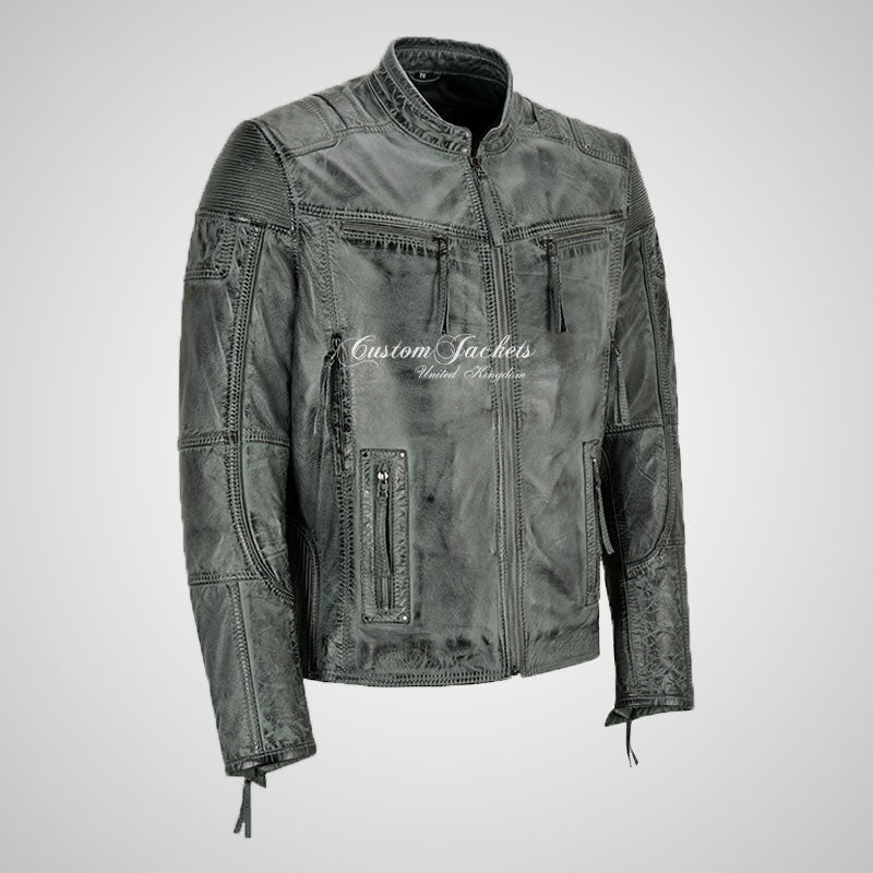 Maxim Mens Vintage Biker Leather Jacket Grey Waxed