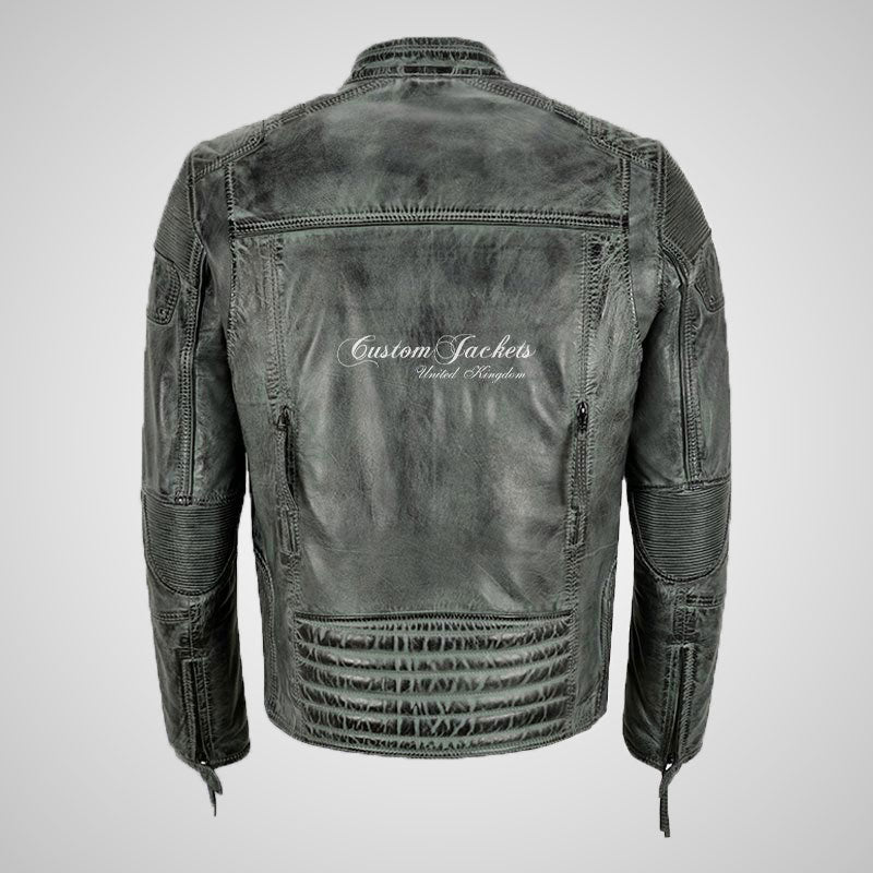 Maxim Mens Vintage Biker Leather Jacket Grey Waxed – Custom Jackets