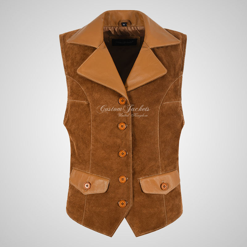MABEL Ladies Suede Waistcoat Vest with Leather Collars