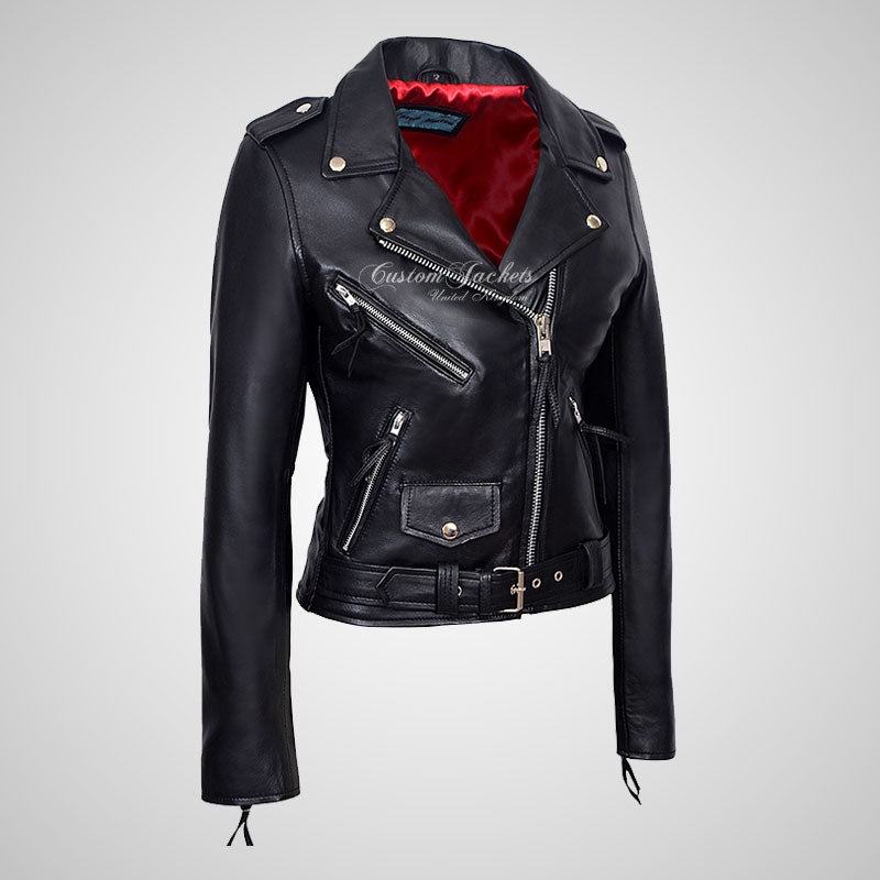 Ladies BRANDO Style Biker Leather Jacket Soft Leather Jacket