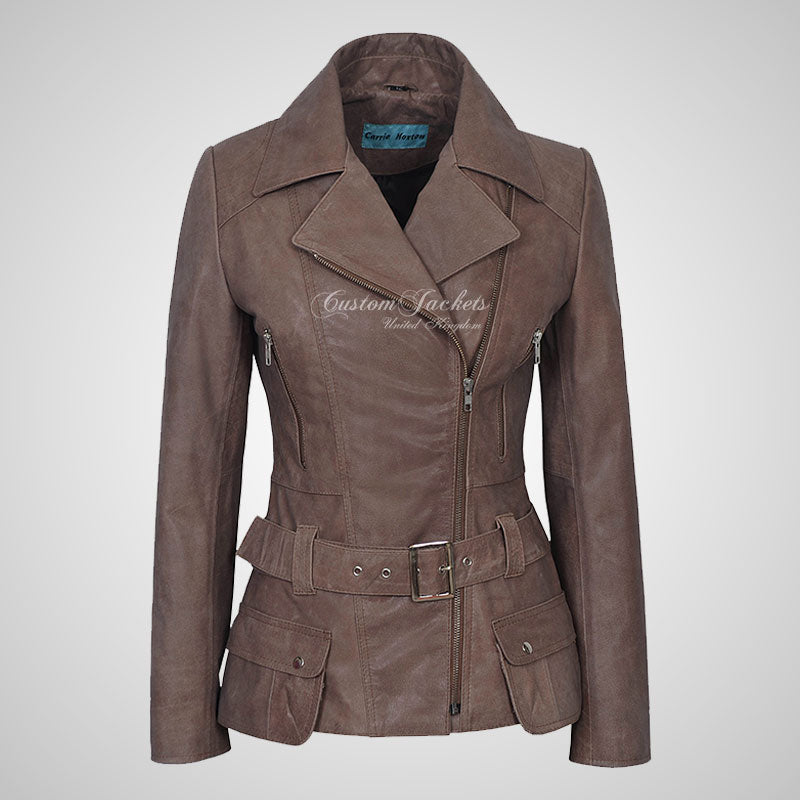 MOLLY Women Belted Biker Leather Jacket Lambskin Leather