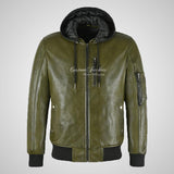 DI MARCO Mens Hooded Leather Jacket Removeable Hood Bomber Jacket Olive