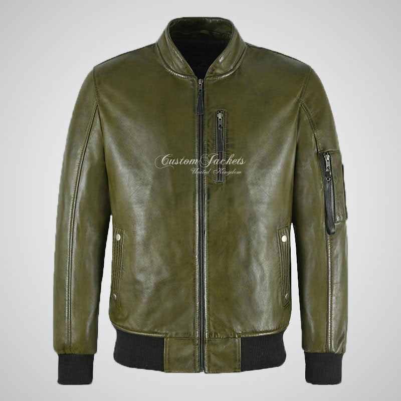 DI MARCO Mens Hooded Leather Jacket Removeable Hood Bomber Jacket Olive