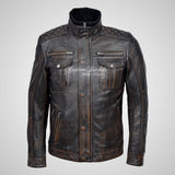 PHAN-TOM Mens Leather Detachable Double Collar Biker Jacket Vintage Black