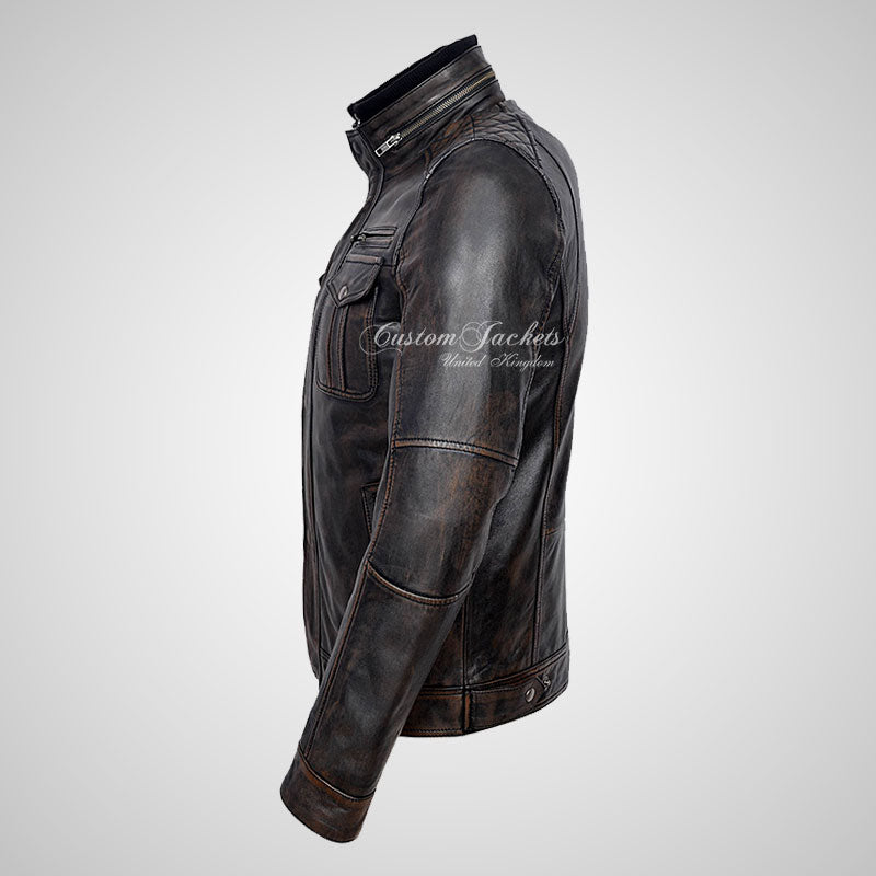 PHAN-TOM Mens Leather Detachable Double Collar Biker Jacket Vintage Black