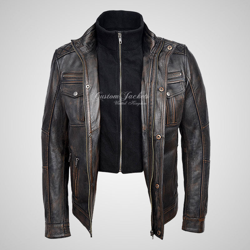 PHAN-TOM Mens Leather Detachable Double Collar Biker Jacket Vintage Black