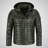 NEVIN Leather Detachable Hood Puffer Jacket For Mens
