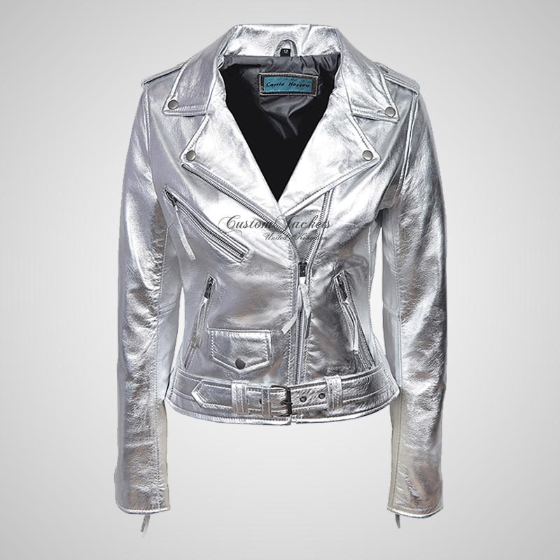 BRANDO Ladies Biker Leather Jacket: Stunning Golden and Silver Colors