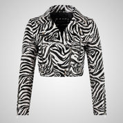 VOGUE Zebra Print Womens Leather Cropped Jacket Short Biker Jacket