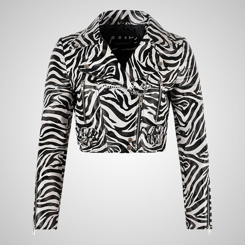 VOGUE Zebra Print Womens Leather Cropped Jacket Short Biker Jacket