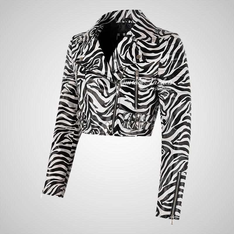 VOGUE Zebra Print Womens Leather Cropped Jacket Short Biker Jacket