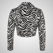 VOGUE Zebra Print Womens Leather Cropped Jacket Short Biker Jacket