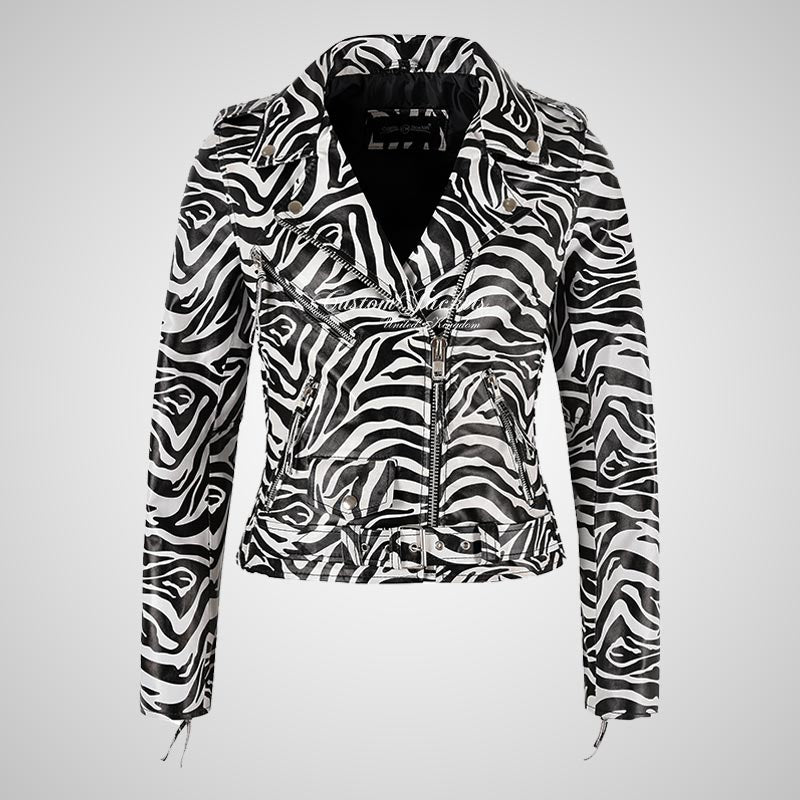 BRANDO Ladies Leather Biker Jacket in Zebra Print