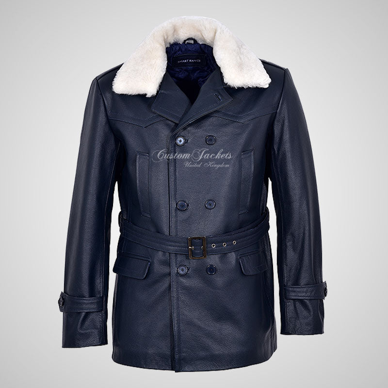 KRIEGSMARINE Mens Leather Pea Coat Fur Collar German Military Leather Jacket