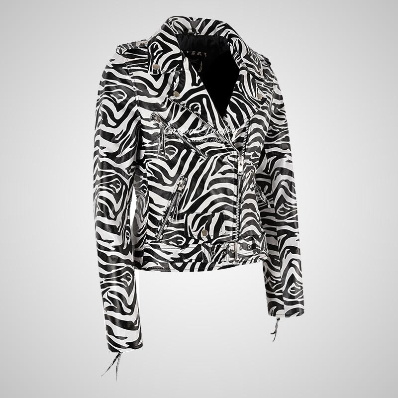 BRANDO Ladies Leather Biker Jacket in Zebra Print