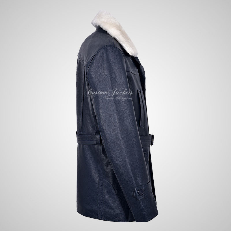 KRIEGSMARINE Mens Leather Pea Coat Fur Collar German Military Leather Jacket