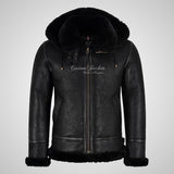 SQUALL Mens B-3 Hooded Sheepskin Bomber Jacket Black