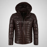 NEVIN Leather Detachable Hood Puffer Jacket For Mens
