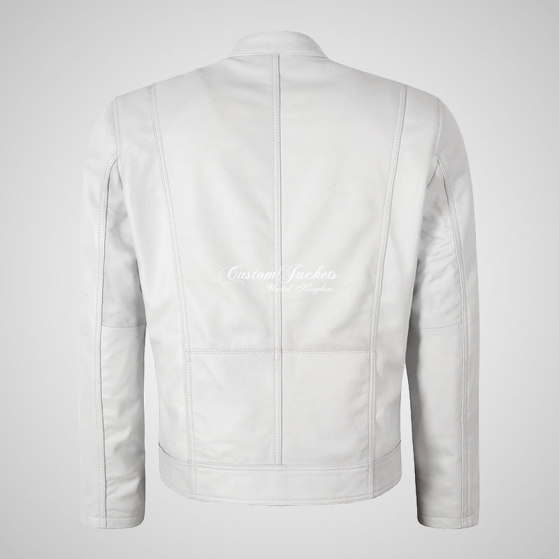 SMART RANGE Mens Leather Biker Jacket in White