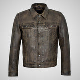WEST Trucker Leather Jacket Denim Style Vintage Waxed Shirt Jacket